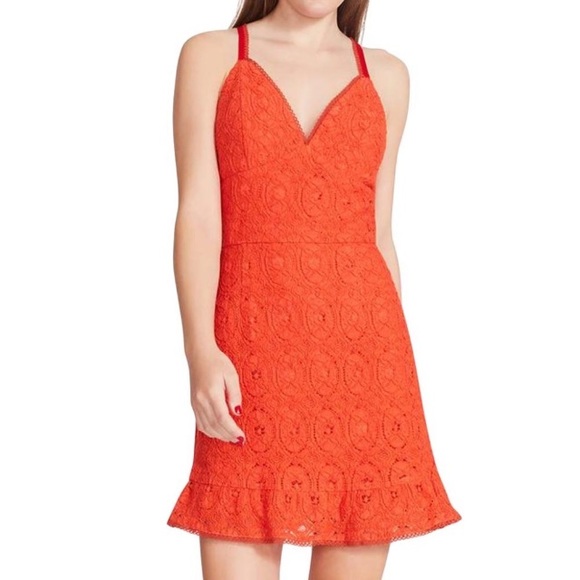 NWT Betsey Johnson Crochet Lace Ruffle Hem Mini Dress in Spicy Orange Sz M. - Picture 1 of 13
